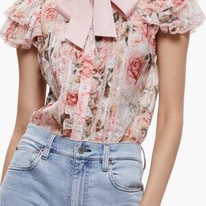 Alice + Olivia Sheer Pink Floral Lace Ruffle Tie-Neck Blouse
